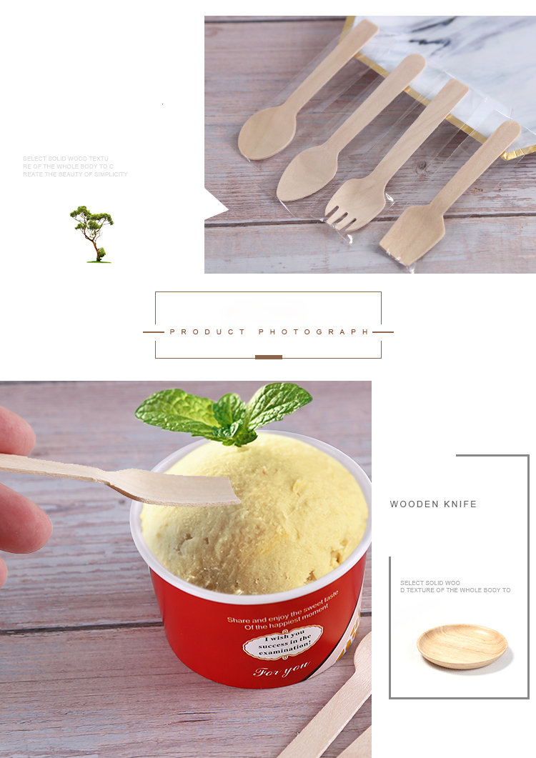 Cuchara de helado de madera pequeña con logotipo impreso y embalaje personalizado