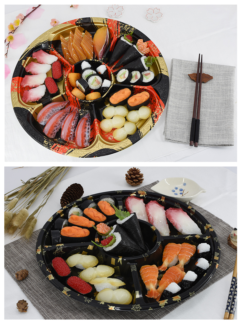 Bandeja para llevar, plato circular, embalaje de contenedor, caja de Sushi, bandejas con tapa, comida rápida, plástico, personalizado, redondo, japonés, desechable, PS